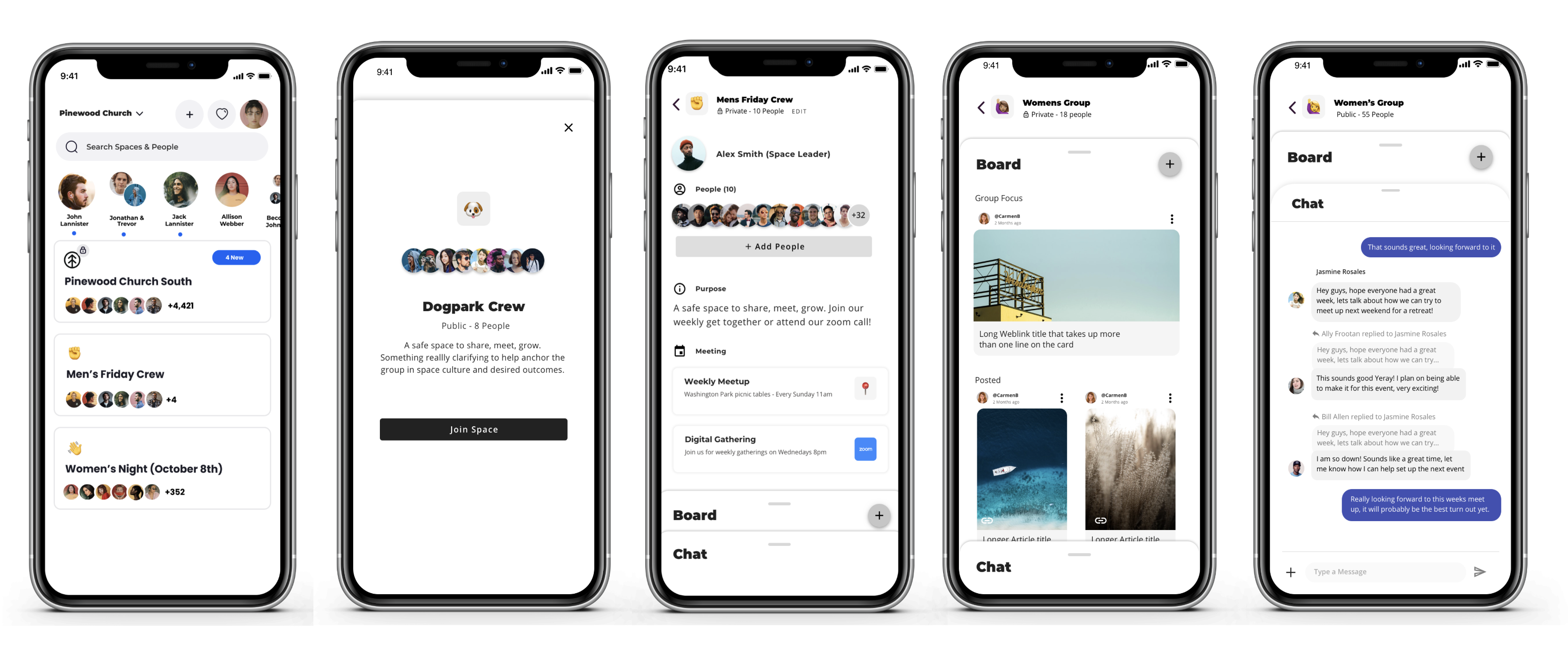 Spaces by Gloo — mobile screens