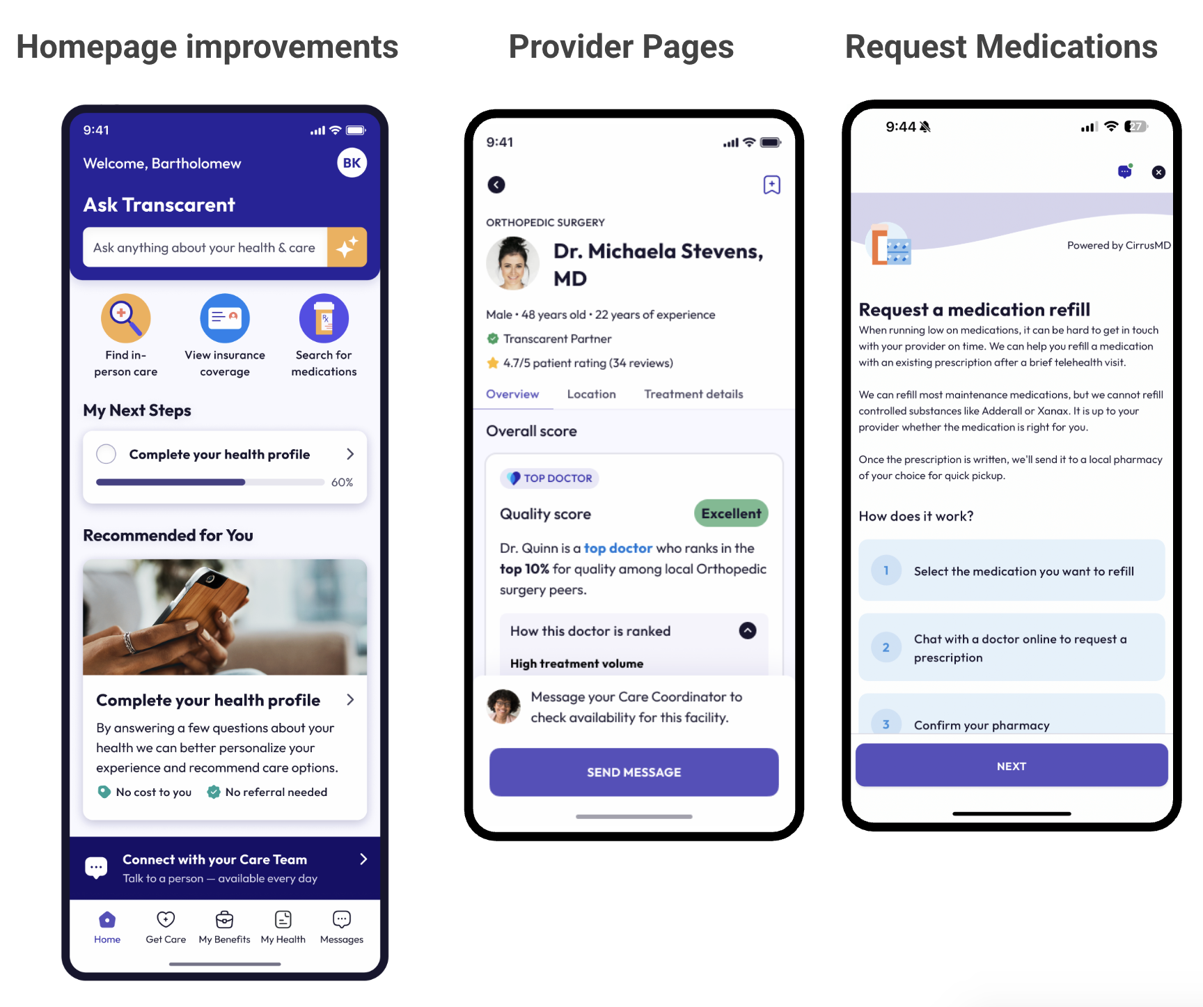 Transcarent mobile — homepage, provider pages, request medications